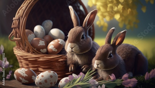 cute Rabbits Gathering Around an Easter Basket Filled with Chocolate Eggs. AI generative.