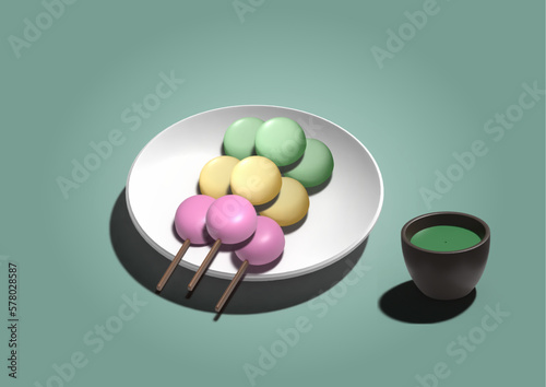source of cup of green tea Mutcha and pastel pink, yellow, green Dango with a green background 3D illustrator