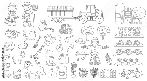 set of Hand drawn color children Vector illustration of Farming supplies and equipment with Farmers, barn, animals, and tractor. Farm concept with plants, fruits, vegetables and other organic products