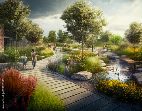 Illustration of an Urban Park with a Rain Garden | Generative AI