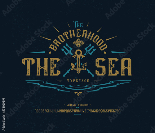 Vector retro font The Sea. Letters and numbers