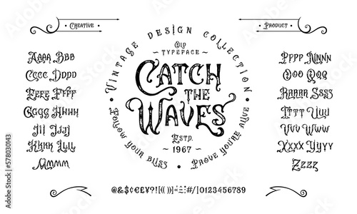 Vector font Catch the waves. Letters and numbers