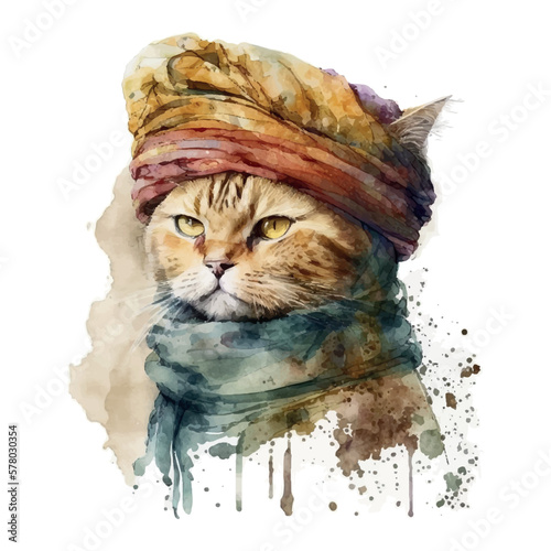 Turkish Cat with coffee cup. Muslim cat with turban. Watercolor Vector illustration for coffee houses. Isolated on white background. Can be used for menu, logo or flyer, greeting card, design t-shirt