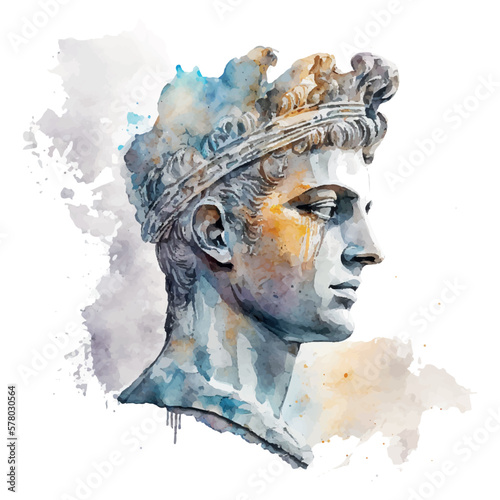 Contemporary art with antique statue head watercolor illustration. Work of art of the era of excitement. Hand drawing illustration Period of Renaissance. Sculpture of Michelangelo.