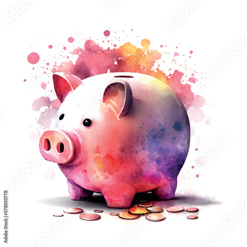 Piggy Bank and Coins - Investment Watercolor Vector hand drawn painted