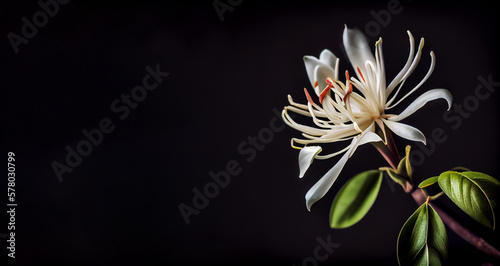 Dark white Honeysuckle flower in black background with copy space generative ai 