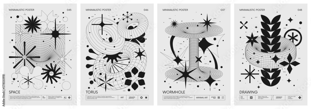 Futuristic retro vector minimalistic Posters with strange wireframes graphic assets of geometrical shapes modern design inspired by brutalism and silhouette basic figures, set 12 - obrazy, fototapety, plakaty 