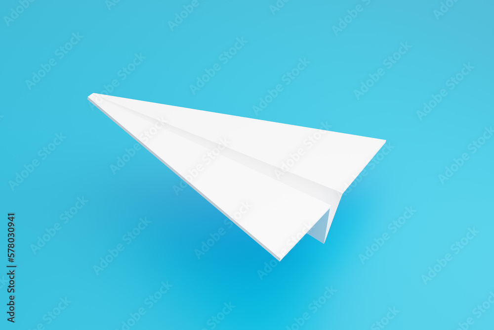Paper plane 3d render illustration. White paper airplane on light blue backdrop. Paper plane 3d render illustration. White paper airplane on light blue backdrop.