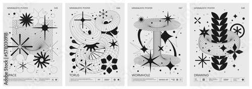 Photographie Futuristic retro vector minimalistic Posters with strange wireframes graphic ass