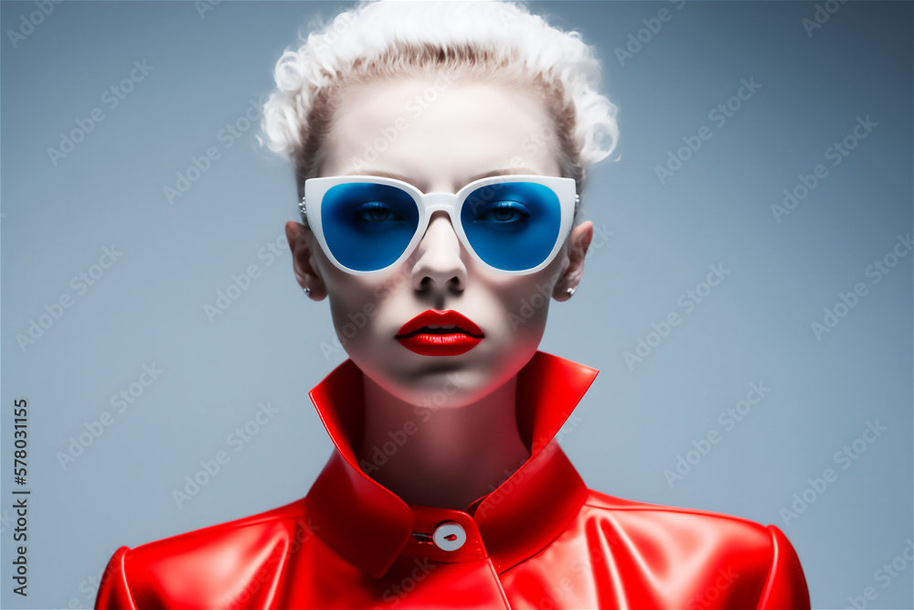 portrait of a blond female adult model wearing a red suit and white and blue sunglasses, Beauty fashion concept, Generative Al portrait of a blond female adult model wearing a red suit and white and blue sunglasses, Beauty fashion concept, Generative Al