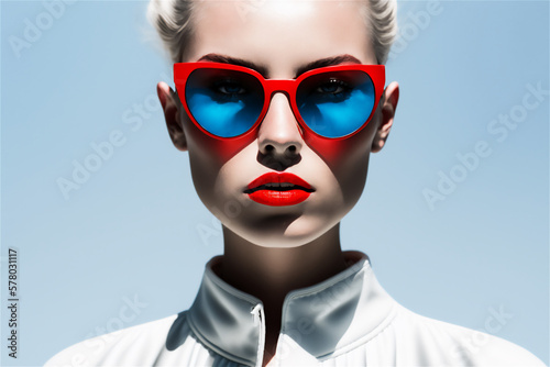 Blond  female adult model wearing a white suit and blue and red sunglasses on a blue background  Beauty fashion concept  Generative Al