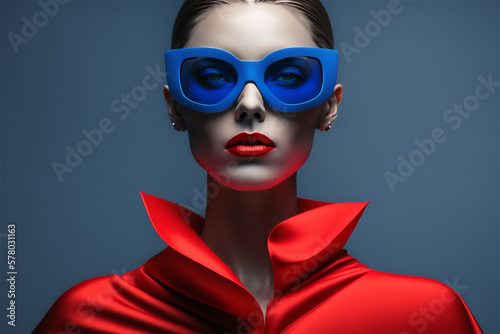 portrait of a brunette female adult model wearing a red suit and blue sunglasses, Beauty fashion concept, Generative Al