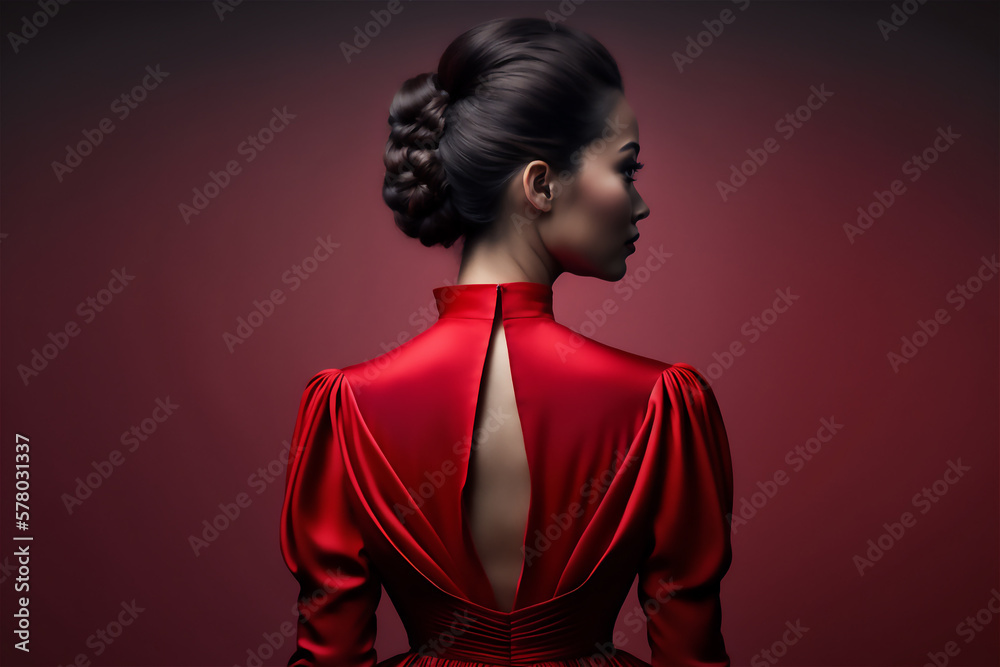 back view of a beautiful brunette woman in red dress,, Generative Al