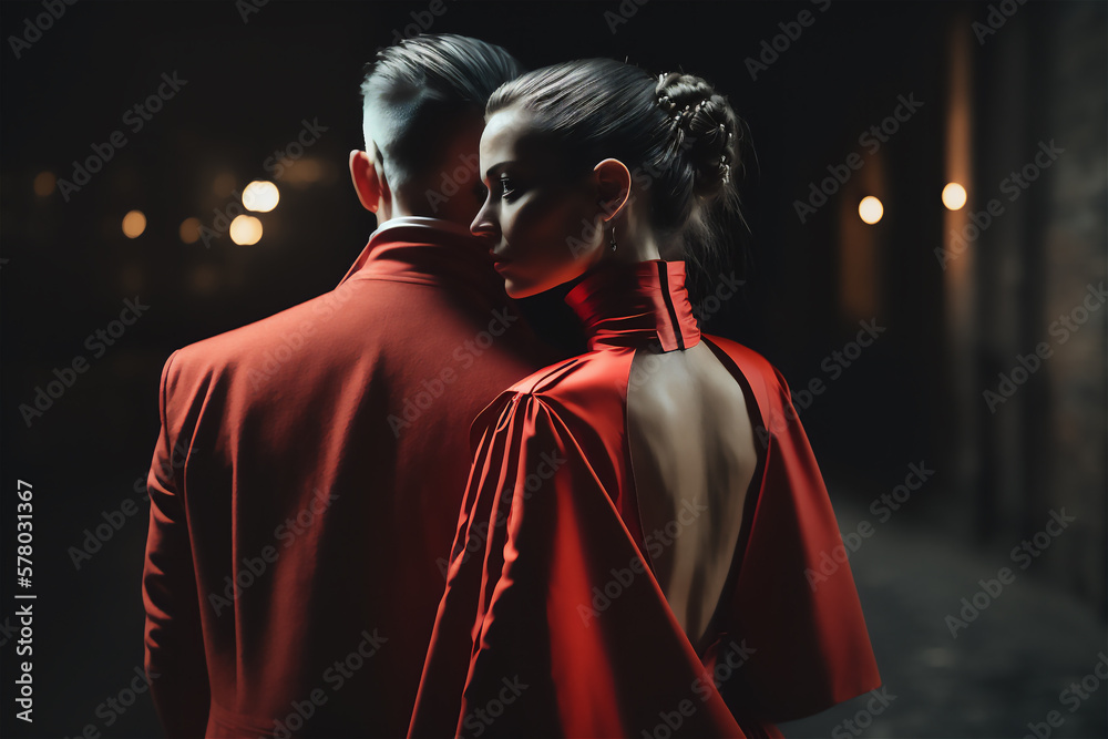 back view of a couple of woman in red dress and man in red costume walking in the street at night, generative ai