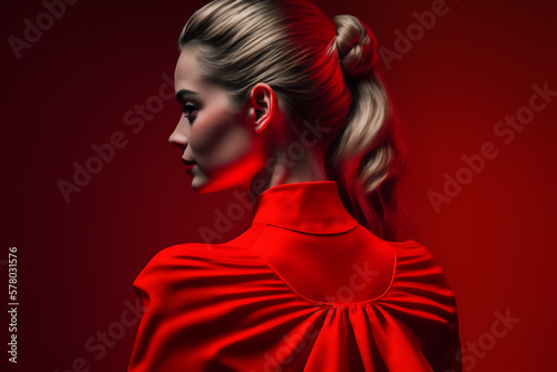 back view of a beautiful blond woman in red dress,, Generative Al