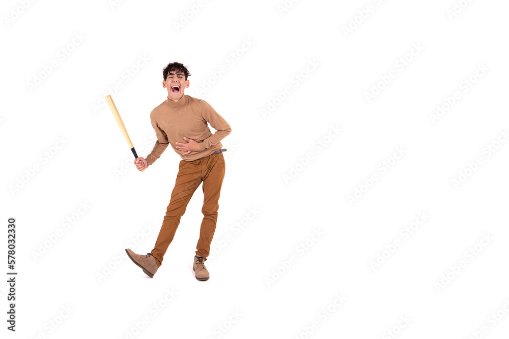Funny man in full growth with a baseball bat in his hands on an isolated background. Sports hobbies. Funny man in full growth with a baseball bat in his hands on an isolated background. Sports hobbies.