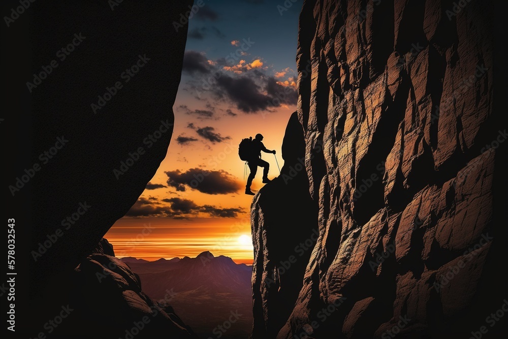 Silhouette of a person doing rock climbing during sunset. Generative AI