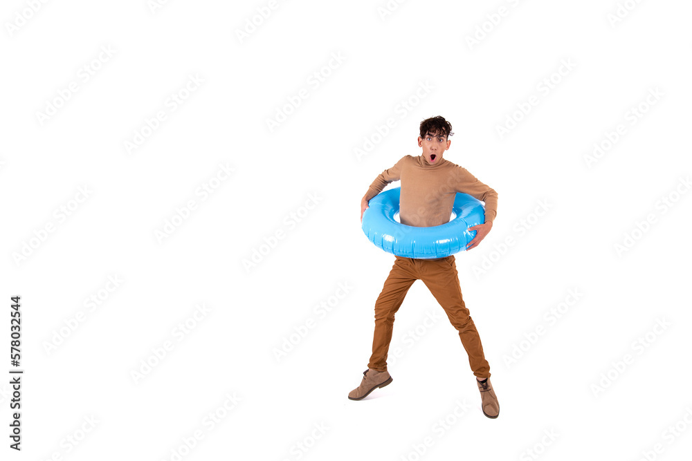 Funny man with an inflatable ring. The guy dreams of a vacation. White background. Funny man with an inflatable ring. The guy dreams of a vacation. White background.