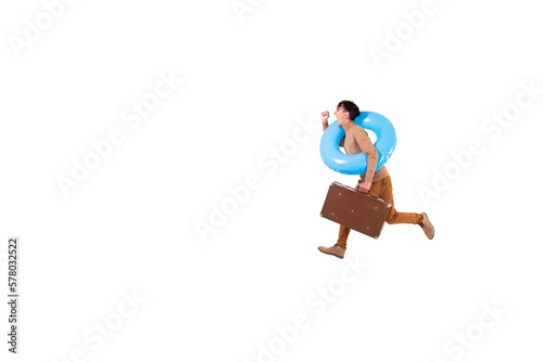 Funny man with an inflatable ring. The guy dreams of a vacation. White background.