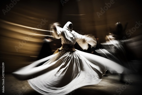 Whirling Dervishes. Sufi whirling dance with motion blur effect. Created using Generative AI