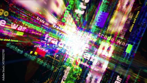 Trade war media and abstract screen 3d seamless looped. Fly between glitch and noise text concept of global commerce politics and tariff confrontation. 
