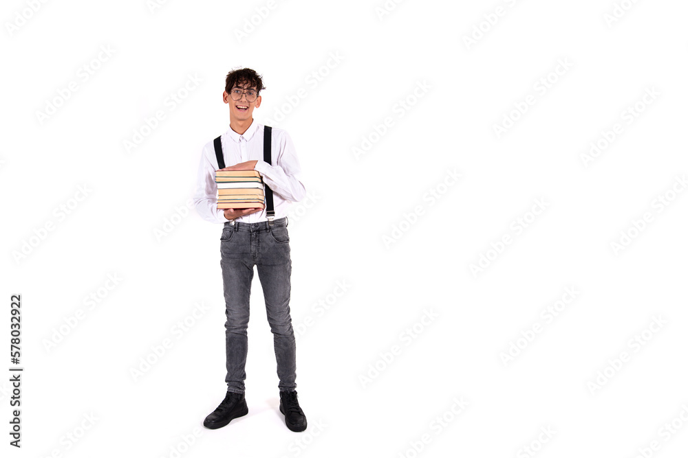 Cheerful attractive student. Guy with textbooks on a white background. Cheerful attractive student. Guy with textbooks on a white background.