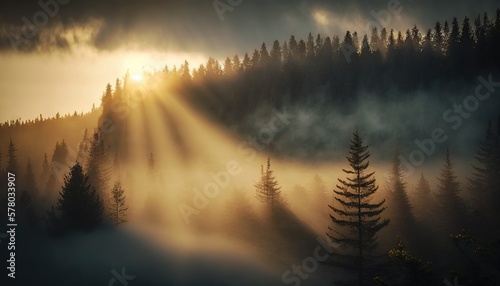  the sun is shining through the fog in the forest with pine trees on the side of the hill in the foreground is a foggy sky. generative ai
