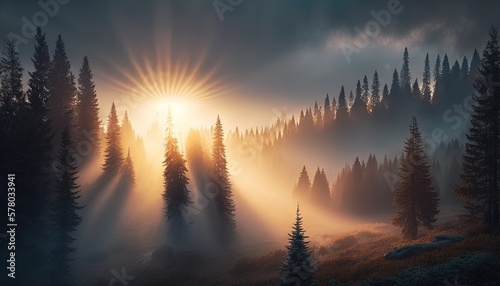  a painting of a forest with the sun shining through the fog and trees in the foreground  with the sun shining through the fog.  generative ai