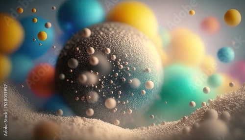  a bunch of bubbles floating around a ball of liquid on a surface of white sand and blue and yellow balls in the background  with a blue sky in the background.  generative ai