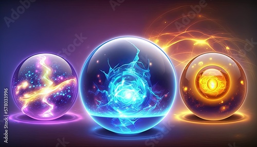 Fotografia three glowing orbs with a black background and a blue and yellow one in the middle of the image and a yellow and blue one in the middle of the image