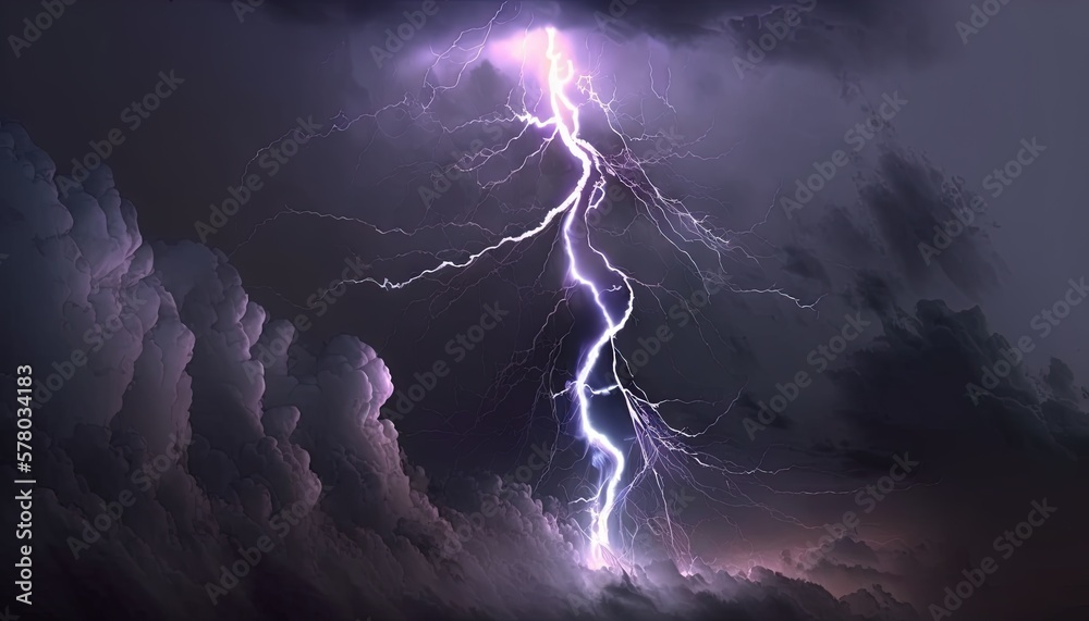 a lightning bolt hitting through a dark cloudy sky over a mountain ...