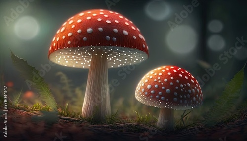  a painting of two mushrooms in a forest at night with lights shining on the mushrooms and leaves on the ground, with a dark background of green grass and leaves. generative ai