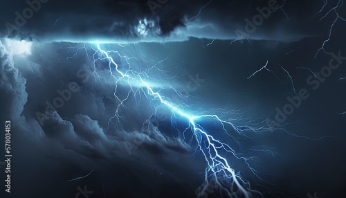  a lightning storm is seen in the sky above a dark cloud filled with lightning and lightning strikes in the sky above the clouds are a bright blue lightening. generative ai