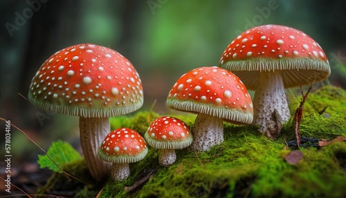  a group of mushrooms sitting on top of a moss covered forest floor next to a forest floor covered in green leaves and mossy ground. generative ai