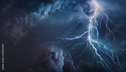  a lightning storm is seen in the sky above the clouds in the night sky, with a bright lightening behind the clouds and a dark blue sky. generative ai