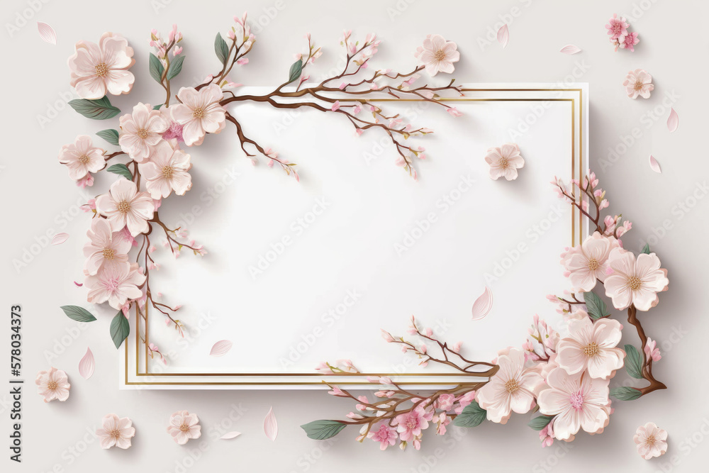 Fototapeta premium Wildflower sakura flower floral frame red rose,hulthemia, rosa. Aquarelle wild flower for background, texture, wrapper pattern, frame or border.generative ai