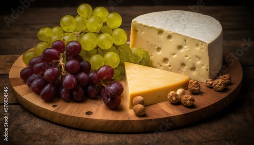  a cheese board with grapes, walnuts, and a piece of cheese on it with a piece of cheese on top of the board.  generative ai