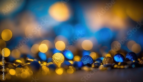  a bunch of blue and gold balls on a table top with blurry lights in the backround of the image behind them,. generative ai