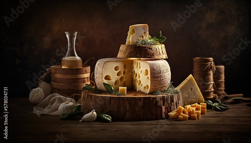  a wooden table topped with lots of different types of cheese and a bottle of wine on top of a wooden table next to stacks of cheese. generative ai