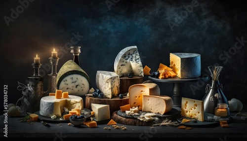  a table topped with lots of different types of cheeses and cheeses on top of a table next to candles and a bottle of wine. generative ai