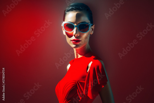 portrait of a woman wearing sunglasses and red dress, Generative Al