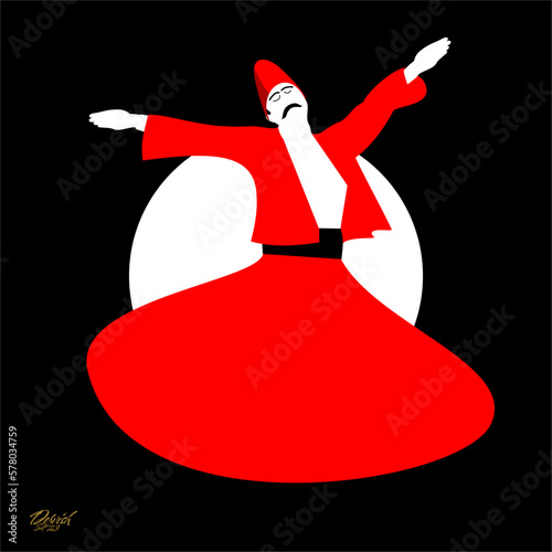 Dervish. Symbolic study of Mevlevi mystical dance. This painting represents a movement of this dance. Vector drawings. Less colorful and plain motifs formed with pure lines.