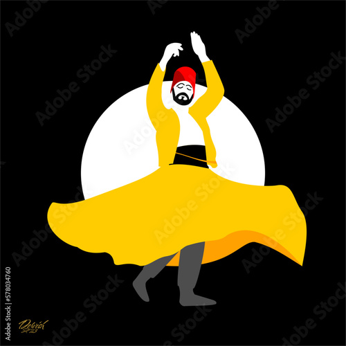 Dervish. Symbolic study of Mevlevi mystical dance. This painting represents a movement of this dance. Vector drawings. Less colorful and plain motifs formed with pure lines.
