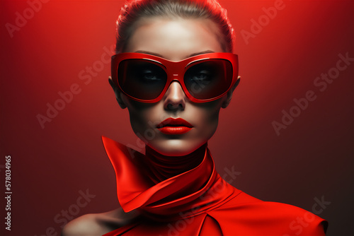 portrait of a blond woman wearing red suit and red sunglasses