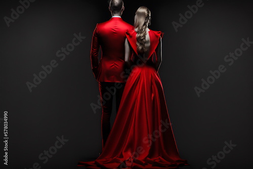 back view of a couple of man and woman in red dress and costume, Generative Al