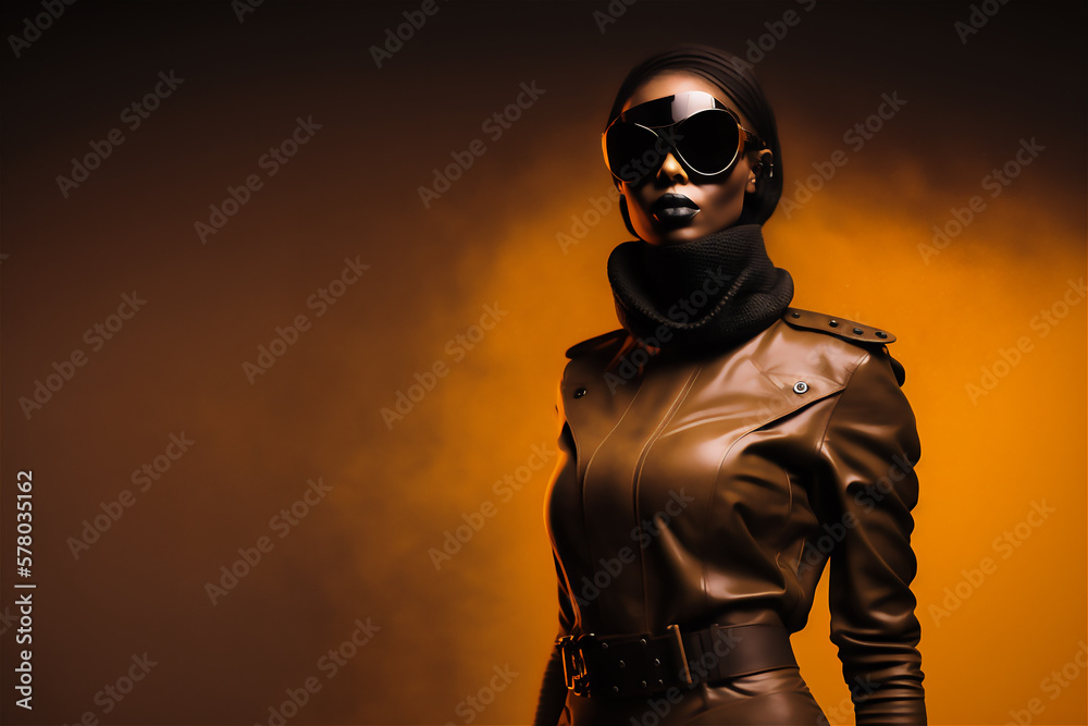 black woman fashion model with sunglasses wearing a brown leather suit, Generative Al