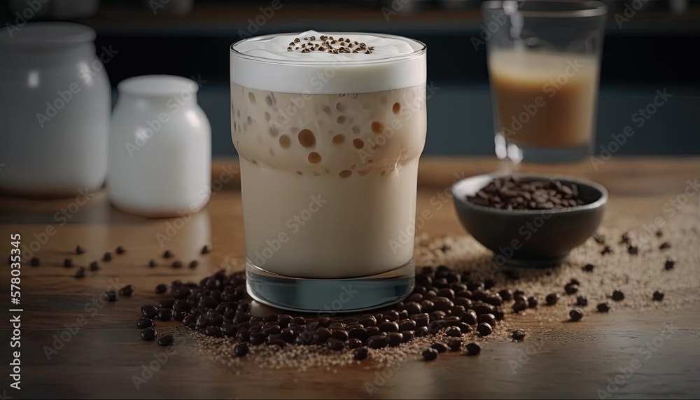 a cup of coffee and a bowl of coffee beans on a wooden table with a glass of coffee in front of the cup and a bowl of coffee beans on the table. generative ai a cup of coffee and a bowl of coffee beans on a wooden table with a glass of coffee in front of the cup and a bowl of coffee beans on the table. generative ai
