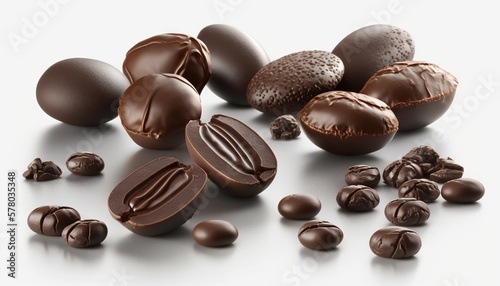  a pile of chocolates and nuts on a white background with a shadow of the chocolate on the top of the image and the chocolates on the bottom of the image. generative ai