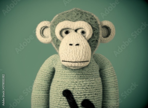 Soft knitted monkey toy isolated on green background. Generative AI.