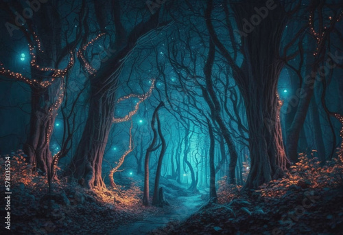 A Gloomy Fantasy Forest at Night: An AI-Generated Render of an Enchanted, Glowing, and Hauntingly Eerie Fairytale Land